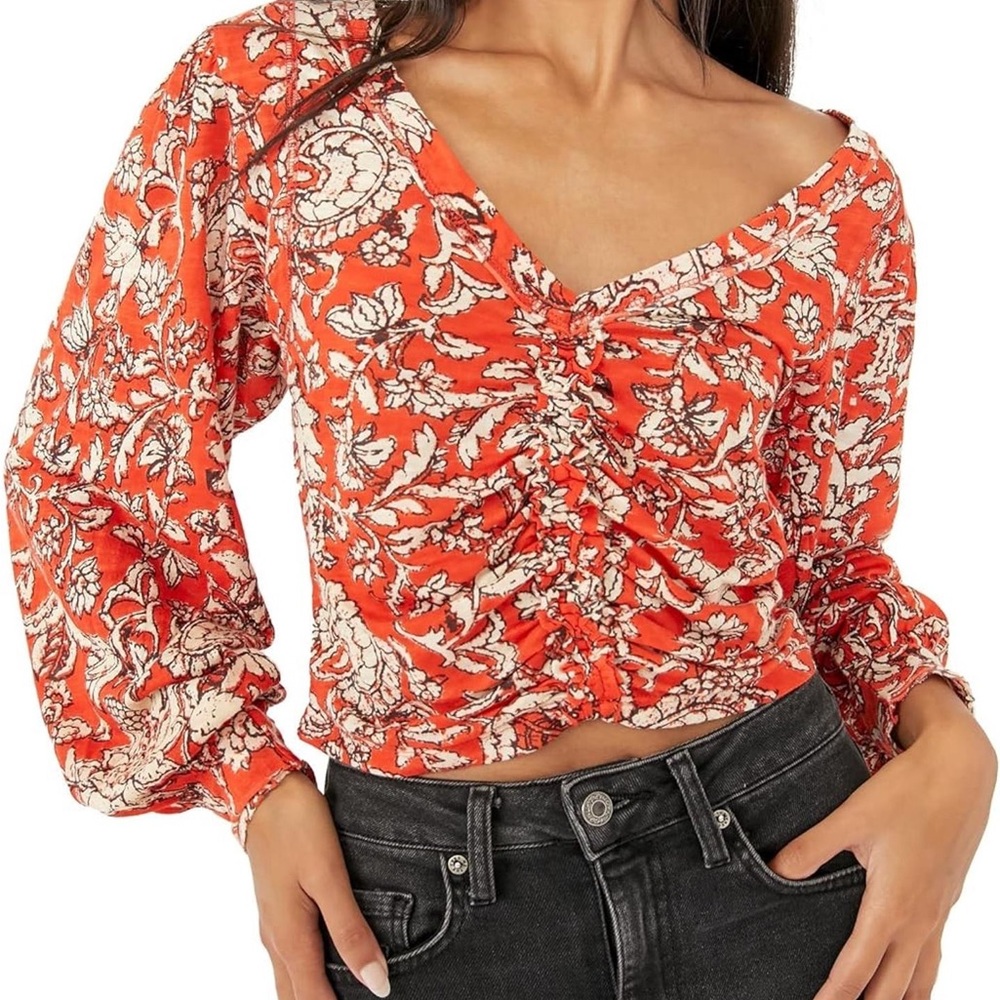 Free People Floral Ruched Long-Sleeve Crop Top - Orange Cream